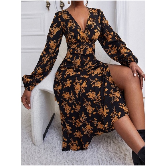 Bohemian Black Floral Print Slit Maxi Dress Cottagecore - Picture 4 of 4